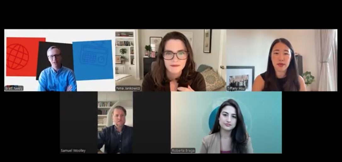 A virtual meeting unfolds with five participants in separate windows, two men and three women. Each has a home or office backdrop, while one screen notably features graphics of a globe and a microphone, sparking discussions potentially about election disinformation.