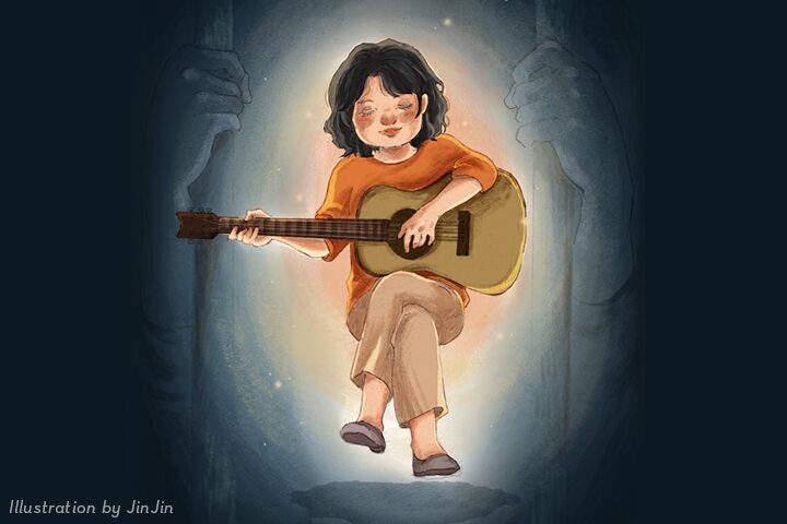 An illustration captures the essence of Day of the Imprisoned Writer 2024, depicting a person with curly hair playing an acoustic guitar under a glowing light. Seated in an orange sweater and beige pants with a gentle smile, shadows of hands frame this poignant scene.