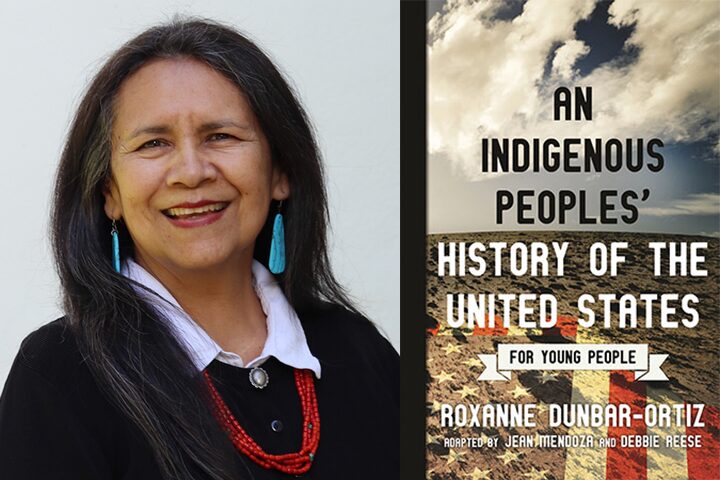A person with long dark hair, wearing turquoise earrings and a beaded necklace, stands smiling next to a book cover. The book, resilient against attempted Native American book bans, is titled An Indigenous Peoples History of the United States for Young People by Roxanne Dunbar-Ortiz.