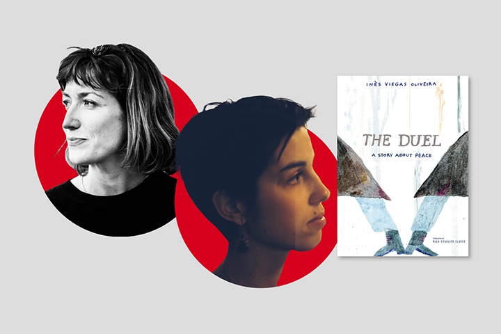 Two women, each in separate circular portraits with red backgrounds, are shown in profile. Next to them is the book cover of The Duel: A Story About Peace by Inés Viegas Oliveira, featuring an abstract design.