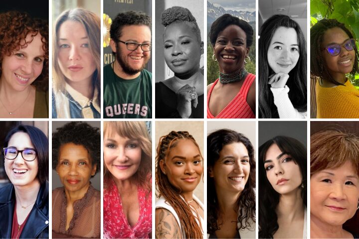 A collage of diverse individuals, each smiling, arranged in three rows. The backgrounds vary from outdoor scenes to plain walls and leafy greenery. The people show a range of hairstyles and clothing styles.