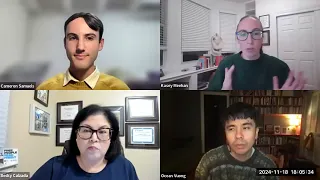 A virtual meeting with four people in separate video call windows. Each person is in a different setting, such as a home office with bookshelves and framed certificates. The date stamp reads 2023-11-10.