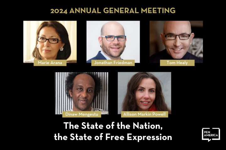 Five portraits of individuals for the 2024 Annual General Meeting with text: The State of the Nation, the State of Free Expression by PEN America.