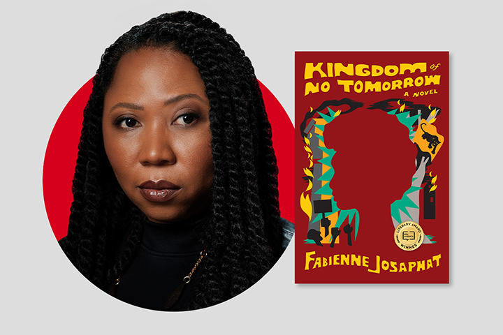 A woman with braided hair is shown in a circular frame on the left. To the right, there is a book titled Kingdom of No Tomorrow by Fabienne Josaphat, featuring a colorful abstract design around a silhouette.