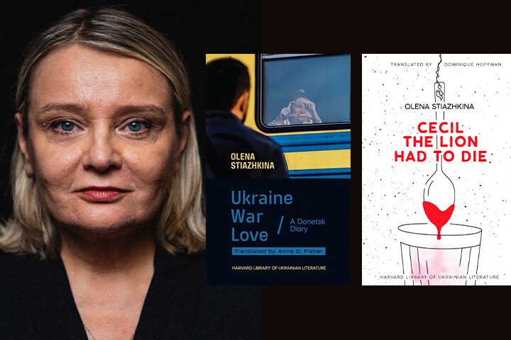 A person with short blonde hair is next to two book covers. One book is titled Ukraine War Love: A Donetsk Diary by Olena Stiazhkina. The other is Cecil: The Lion Had to Die by Olena Stiazhkina, with an image of a heart and blood.