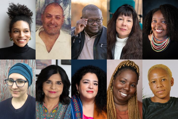 A collage of ten diverse individuals smiling at the camera. Each person has unique hairstyles and attire. The background varies, indicating different locations and settings for each portrait.