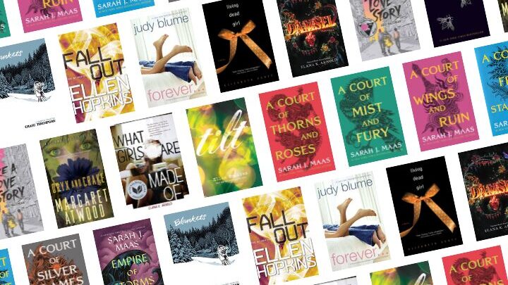 A collage featuring various book covers, including titles like A Court of Thorns and Roses, Forever, and Tallulah. The covers showcase diverse designs, some with vibrant colors and striking typography.