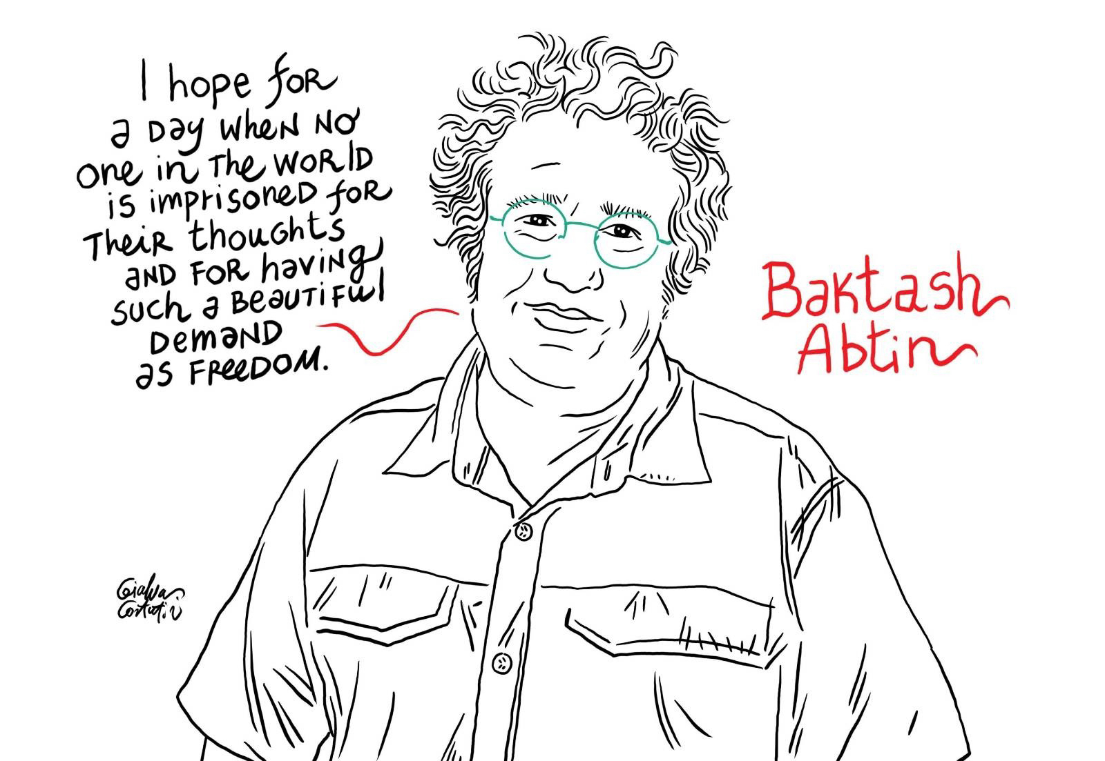 A black and white illustration depicts Baktash Abtin with curly hair and glasses, accompanied by a handwritten quote on the hope for freedom of thought. His name is strikingly written in red, capturing attention amidst the monochrome hues.