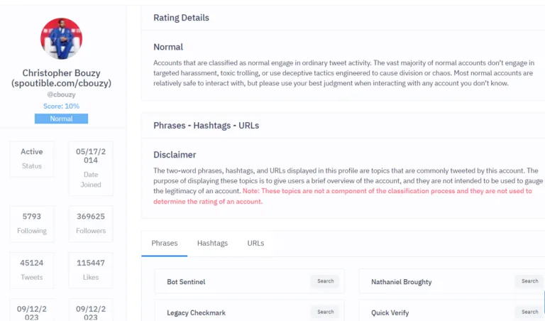 Screenshot of a profile analytics page showing account name, engagement stats, rating details, and disclaimer. The account has various metrics such as score, followers, and posts. Below are listed phrases, hashtags, and URLs associated with the account.