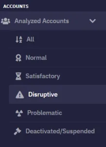 A user interface menu showing account statuses under Analyzed Accounts: All, Normal, Satisfactory, Disruptive (highlighted), Problematic, and Deactivated/Suspended. Icons accompany each status option.