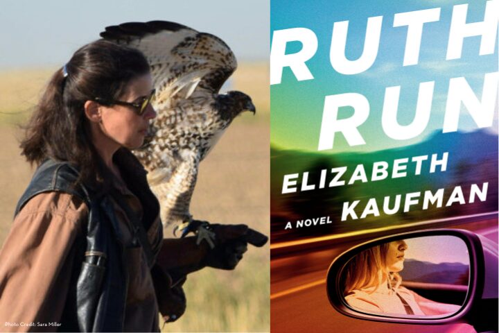 A person with long hair, wearing sunglasses and a leather jacket, holds a bird of prey on their gloved hand in an open field. To the right is the book cover of Ruth Run by Elizabeth Kaufman, featuring a woman seen in a cars side mirror.