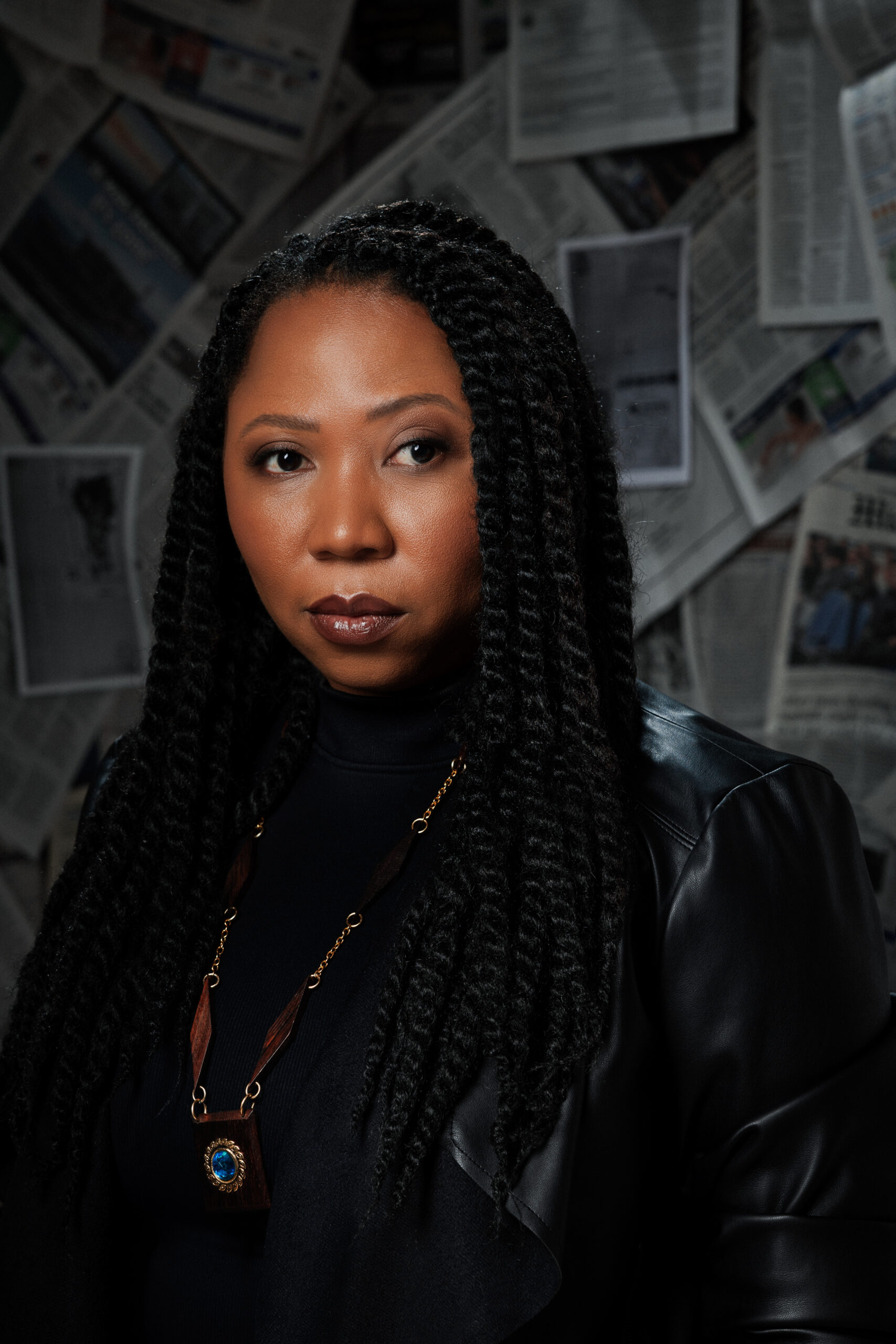A woman with long braided hair wearing a black leather jacket and a necklace with a blue pendant poses against a background of newspaper clippings. Her expression is serious and confident.