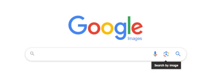 Google Images search page with the Google logo above a search bar. To the right of the search bar are microphone and camera icons. A tooltip labeled Search by image appears over the camera icon.