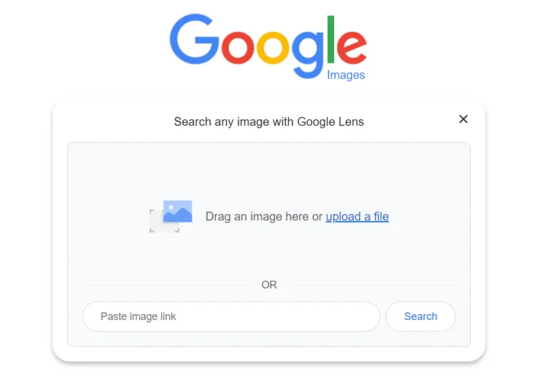 Screenshot of Google Images search interface. It prompts users to search any image with Google Lens by dragging an image, uploading a file, or pasting an image link. Options for upload a file and Search buttons are visible.