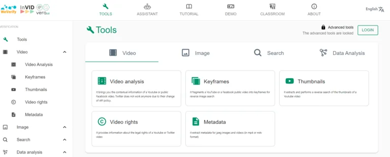 Screenshot of the inVID-WeVerify toolkit interface, showing the Tools section. Tabs for Video, Image, Search, and Data Analysis are visible. Options include Video analysis, Keyframes, Thumbnails, Video rights, and Metadata.