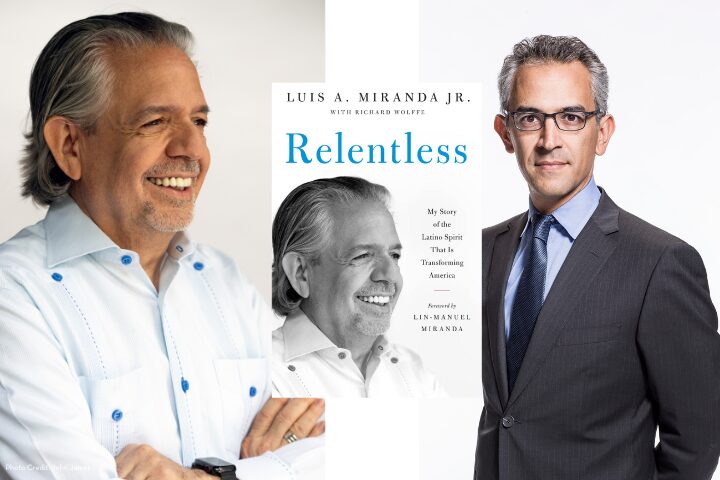 Two men are pictured. On the left, a man in a white shirt smiles. A large book cover titled Relentless features the same man. On the right, a man in a suit and tie stands against a light background.