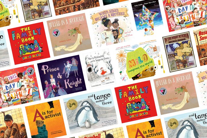 A collage of diverse childrens book covers, including some banned picture books, is displayed. Titles like The Family Book, Prince & Knight, A is for Activist, and And Tango Makes Three feature colorful illustrations and varied themes.
