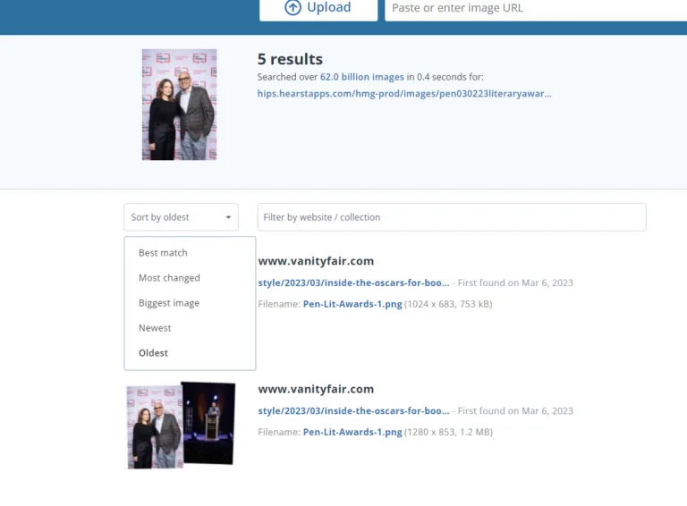 Screenshot of an image search result page showing 5 results. A dropdown menu is visible with sorting options like Most changed and Oldest. Two thumbnails of a photo with a man and woman in front of a step-and-repeat backdrop.