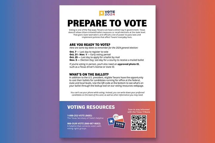 Poster titled Prepare to Vote with 2024 voting info for Texas. Lists registration deadlines and voting dates. Includes a section on ballot contents and voting resources with a QR code and phone numbers at the bottom. Background is a gradient of purple and red.