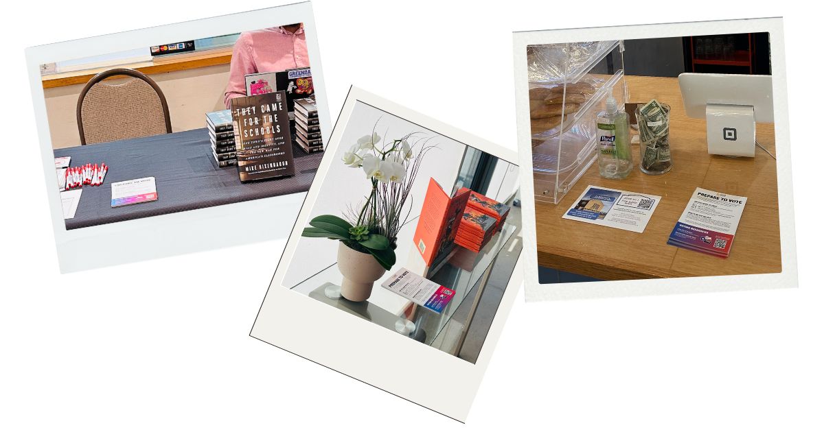 Three polaroid-style photos: 1) A table with books titled Not Done Yet, postcards, and pens. 2) A window ledge with a white orchid and stacked orange boxes. 3) A checkout counter with pastries, brochures, and a card reader.