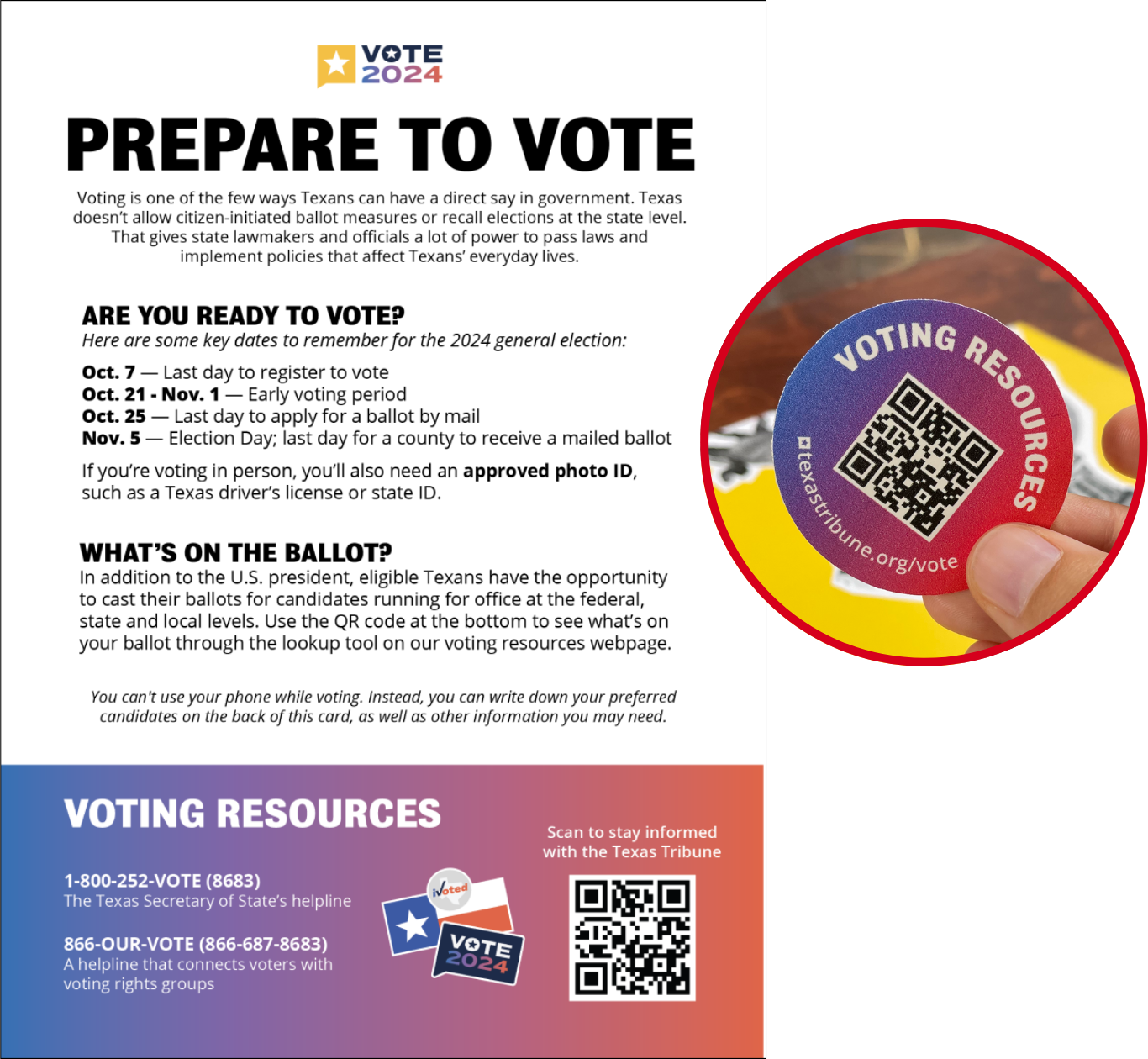A flyer titled Prepare to Vote with information about voter registration for the 2024 general election in Texas. It includes important dates, a QR code for voting resources, and contact details for voter assistance.