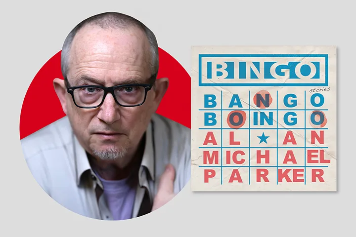 A person with glasses and a serious expression is on the left, wearing a white shirt and gray jacket, against a red circular background. To the right is an image of a bingo card with the blue title Bingo and red text spelling a name.