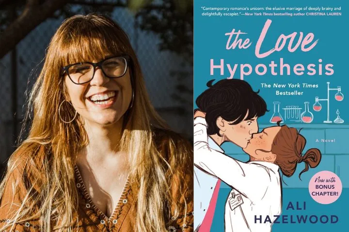 Smiling woman with long hair next to a book cover titled The Love Hypothesis by Ali Hazelwood. The cover features an illustration of a couple kissing, surrounded by scientific elements. Text indicates its a New York Times bestseller with a bonus chapter.