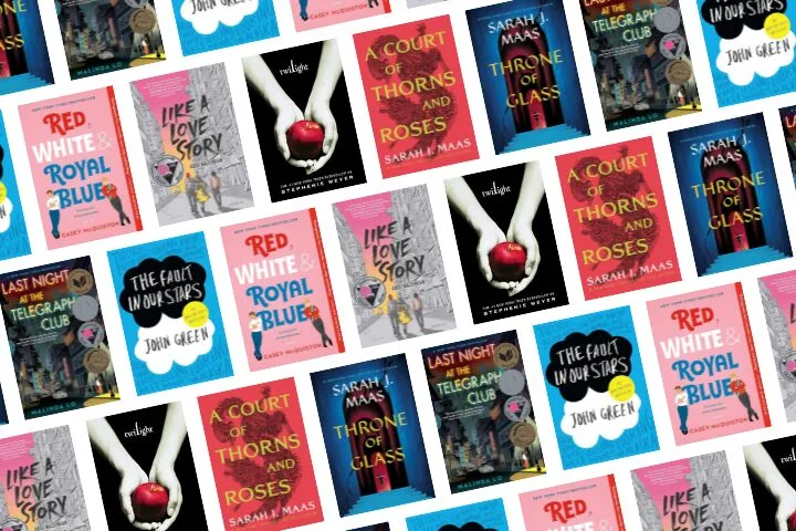 A diagonal pattern of young adult book covers, including Red, White & Royal Blue, Twilight, A Court of Thorns and Roses, The Fault in Our Stars, and others. The covers display a variety of colorful designs and fonts.