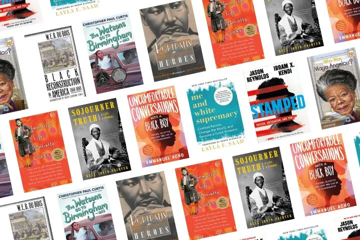 A collage of book covers featuring titles like Uncomfortable Conversations with a Black Boy, Stamped, and We Are Not Yet Equal. Various authors and diverse designs are visible, focused mainly on African American history and experiences.