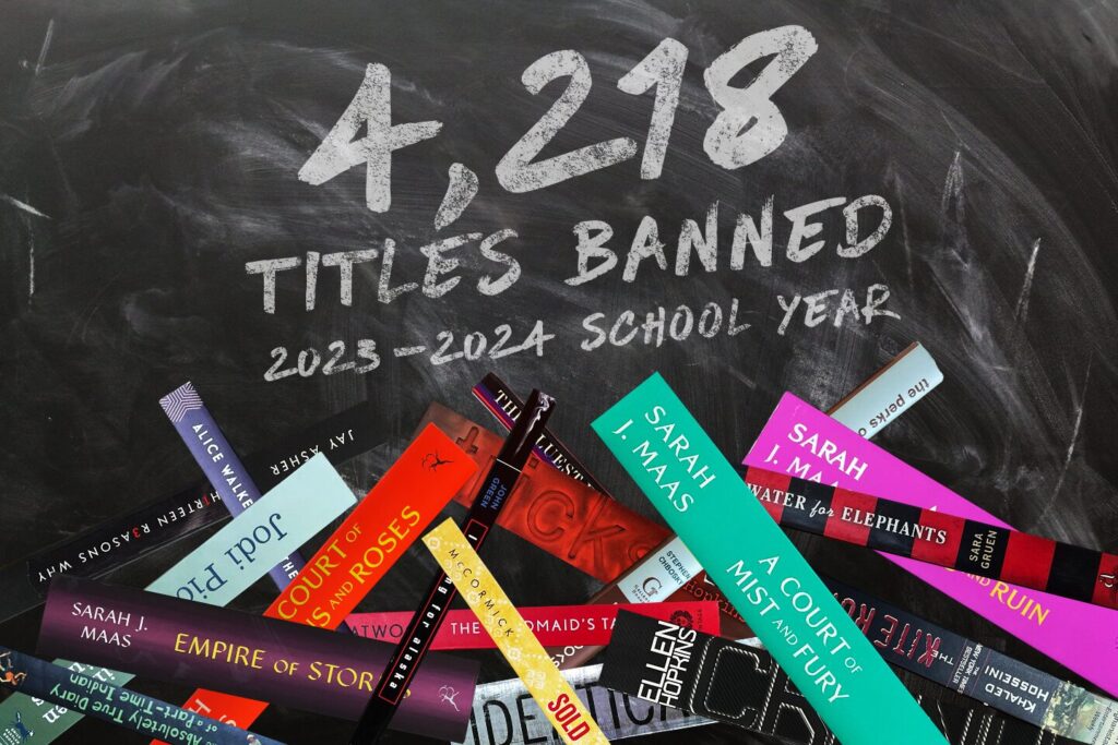 A chalkboard displays the text 4,218 Titles Banned 2023–2024 School Year, surrounded by a scattered arrangement of colorful book spines.