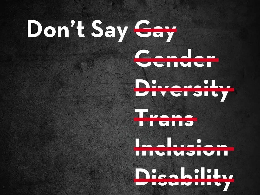 Text on a dark background reads Don’t Say Gay, Gender, Diversity, Trans, Inclusion, Disability, with each word crossed out by a red line. This powerful imagery highlights the ongoing challenges in promoting acceptance—a focus that continues to be spotlighted in PEN America News.