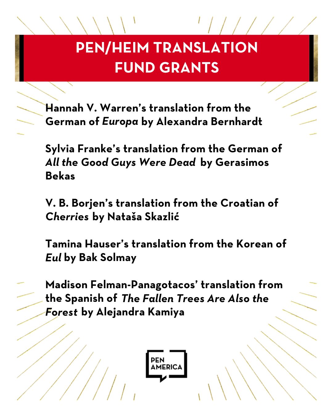 A list of PEN/Heim Translation Fund Grant recipients and their works, including translations from German, Croatian, Korean, and Spanish, on a white background with a red banner and PEN America logo.