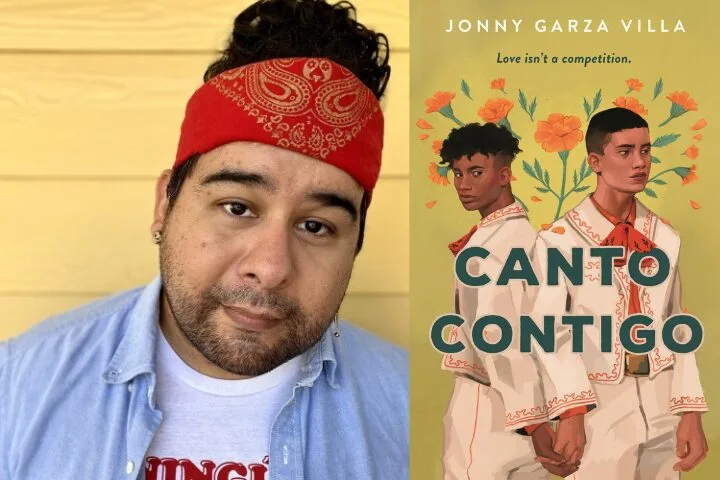 A person wearing a red bandana and denim shirt stands against a yellow wall. Next to them is the book cover for Canto Contigo by Jonny Garza Villa, featuring two individuals holding hands, surrounded by flowers. The tagline reads: Love isnt a competition.