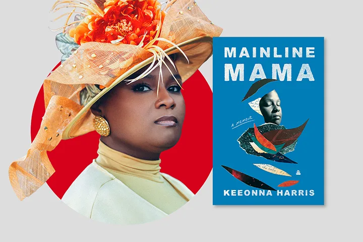 A person in a vibrant orange hat with ornate decorations poses confidently alongside the book cover of Mainline Mama by Keeonna Harris, featuring abstract designs and a serene face on a blue background.