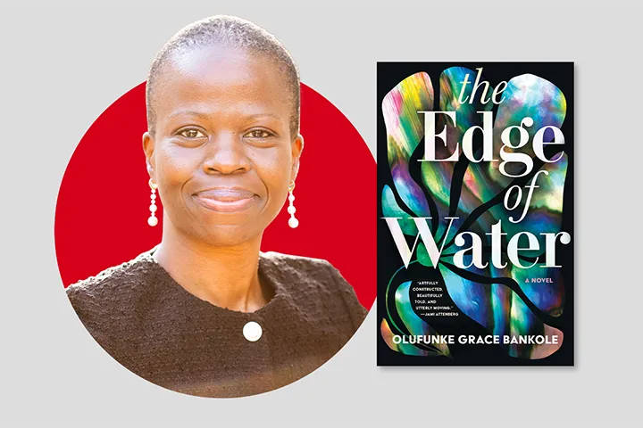 A person with short hair, wearing a dark top, smiles against a red circular background. Beside them is a novel titled The Edge of Water by Olufunke Grace Bankole, featuring a colorful abstract cover design.