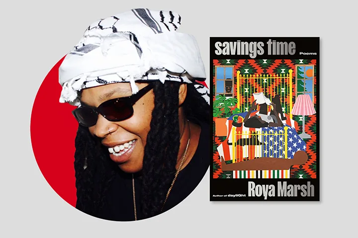 A person with dreadlocks, wearing sunglasses and a white headwrap, smiles next to the cover of the book Savings Time by Roya Marsh. The cover features colorful patterns and a person reading in a cozy room.