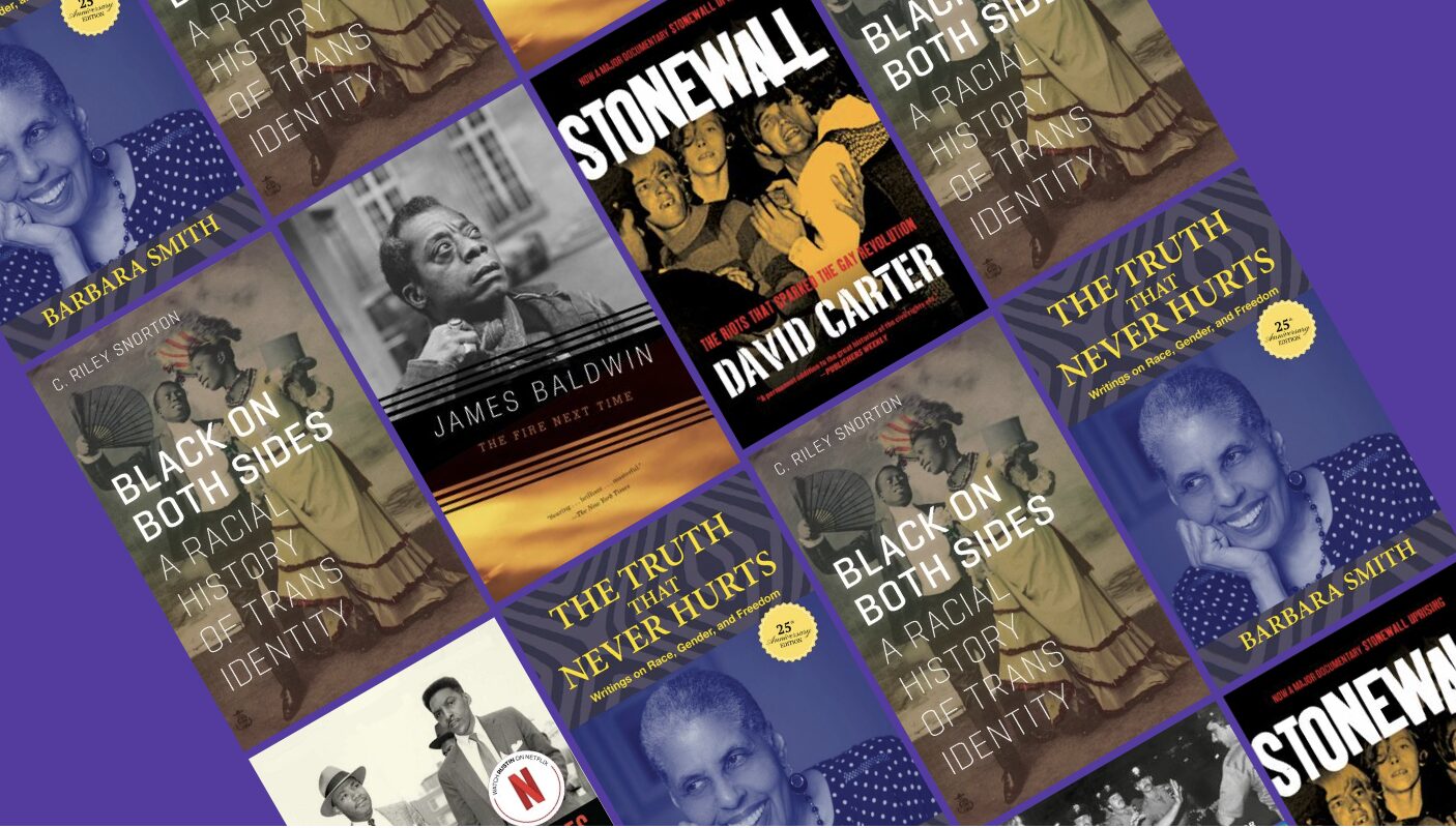 A collage of book covers from the Stonewall Books website graces a purple background. Featured titles include Black on Both Sides by C. Riley Snorton, James Baldwin: The Last Interview, Stonewall by David Carter, and Barbara Smiths The Truth That Never Hurts.