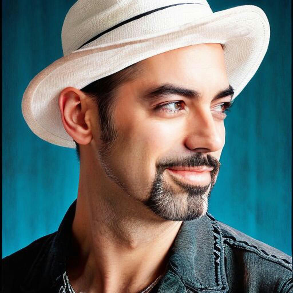A man with dark hair and a beard, wearing a white hat and a denim jacket, looks to the side against a turquoise background.