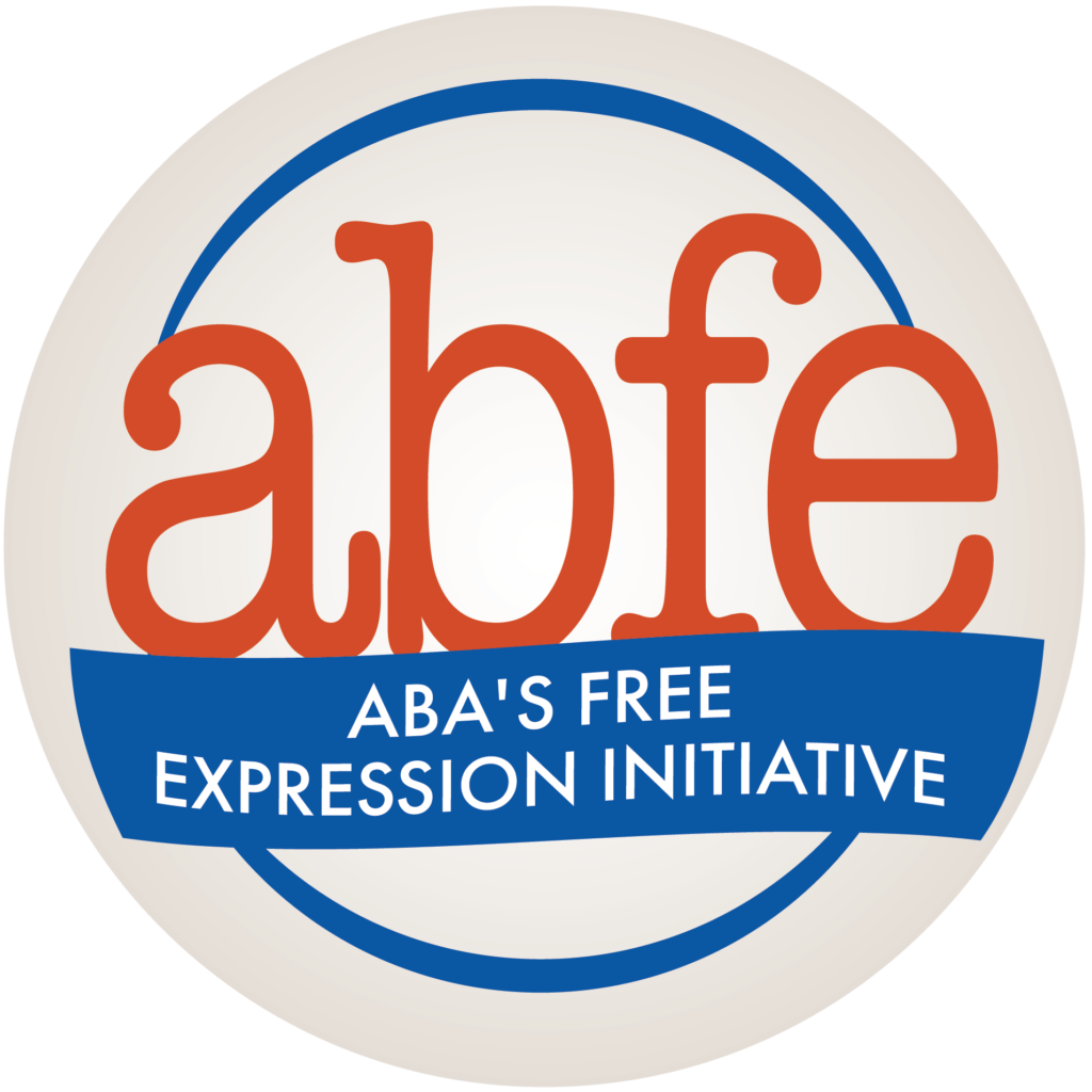Logo of the American Booksellers for Free Expression (ABFE) featuring abfe in red lowercase inside a blue circle. Below, a blue ribbon reads ABAS FREE EXPRESSION INITIATIVE.
