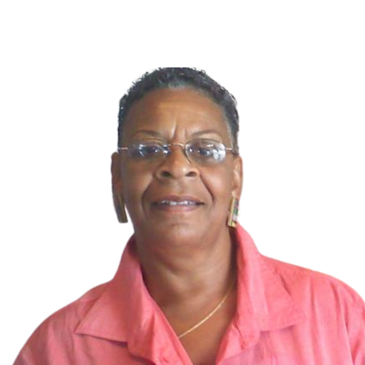 A person with short hair wears glasses and a pink collared shirt. They are smiling and facing forward against a white background.
