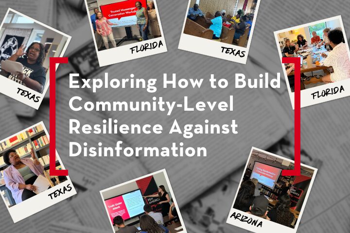 Collage titled Exploring How to Build Community-Level Resilience Against Disinformation with images of events in Texas, Florida, and Arizona. Each photo shows people gathered for discussions or presentations on the topic.