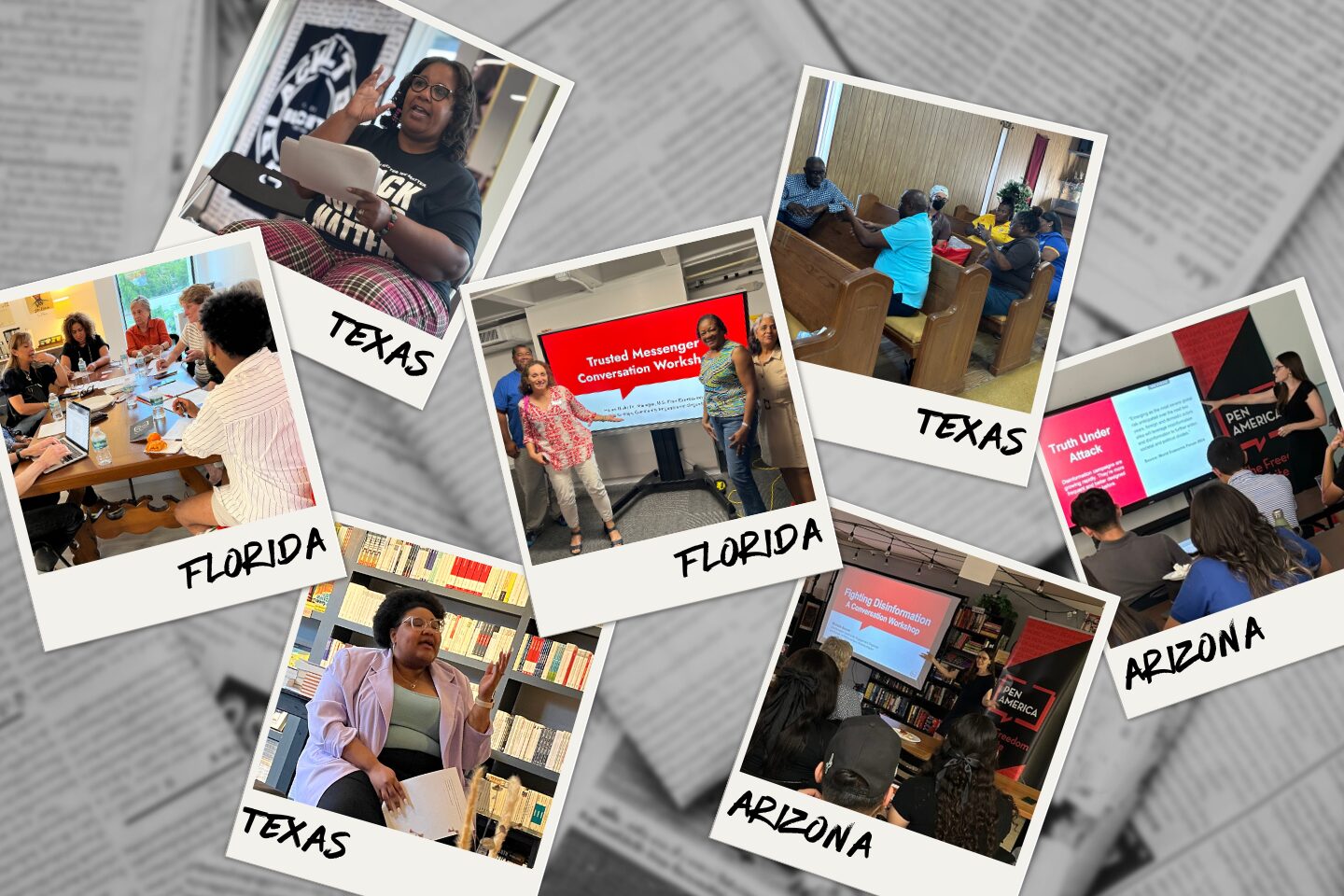 Collage of community meetings in Texas, Florida, and Arizona. People are discussing and presenting in various settings like libraries and meeting rooms. Books and presentation screens are visible.