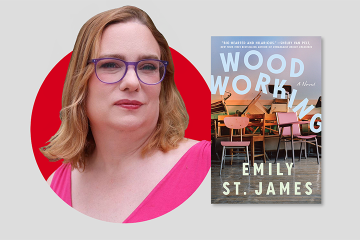 A person with shoulder-length hair and glasses is wearing a pink top. Next to them is the cover of the book Woodworking by Emily St. James, featuring a classroom scene with empty chairs and desks. The background is light gray.