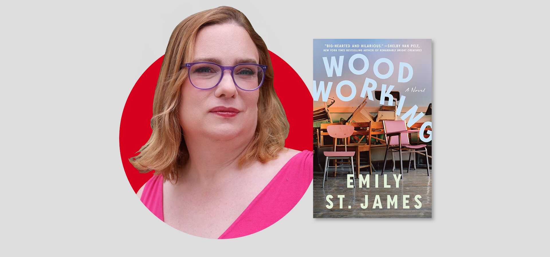 A person with shoulder-length brown hair, wearing glasses and a pink top, is shown next to the book cover of Woodworking by Emily St. James. The cover features various stacked chairs.