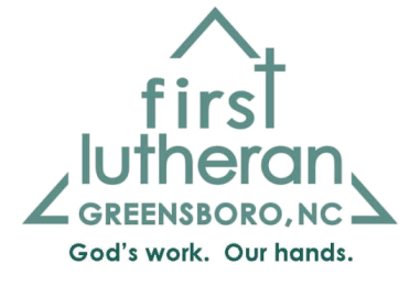 Logo of First Lutheran Church in Greensboro, NC. Features the text first lutheran with a cross, a triangular outline, and the phrases Gods work, Our hands. and GREENSBORO, NC in teal lettering.