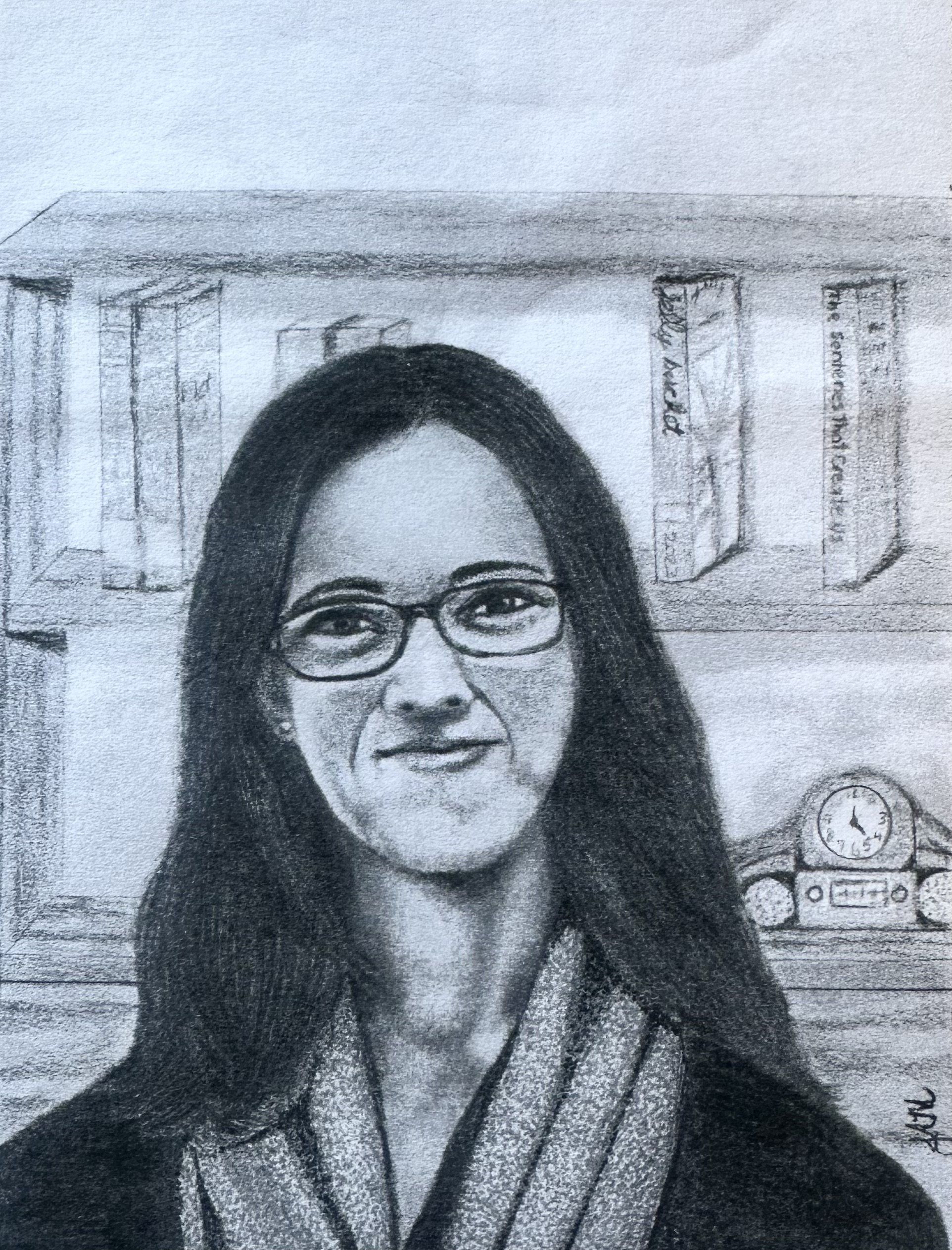 A pencil sketch of a woman with glasses and long hair smiling. She stands in front of a bookshelf with several books and a clock visible. She wears a scarf and a sweater.