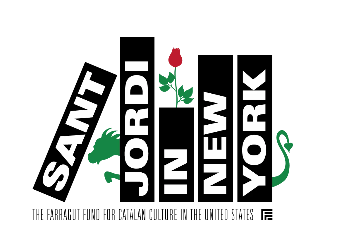 Text SANT JORDI IN NEW YORK in white, arranged diagonally. A red rose intersects the letters. A green dragon silhouette and tail bracket the words. Black background.