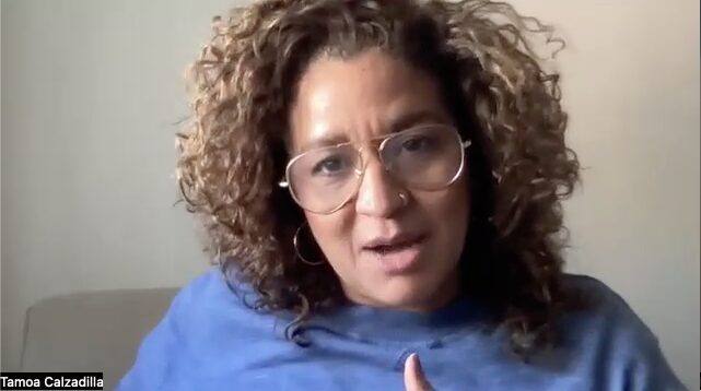 A person with curly hair and glasses, wearing a blue shirt, talks while gesturing. The setting appears to be indoors.