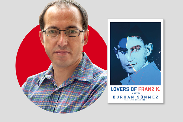 A man with glasses and a plaid shirt stands in front of a red circle, next to the book cover for Lovers of Franz K. by Burhan Sönmez, featuring a blue-toned portrait split by a graphic line.