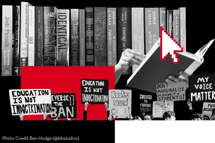 A collage with a bookshelf of books in grayscale, protest signs reading Education is Not Indoctrination, Reverse the Ban, Dont Marginalize Minority Students, and two hands opening a book with a large red cursor hovering over it.